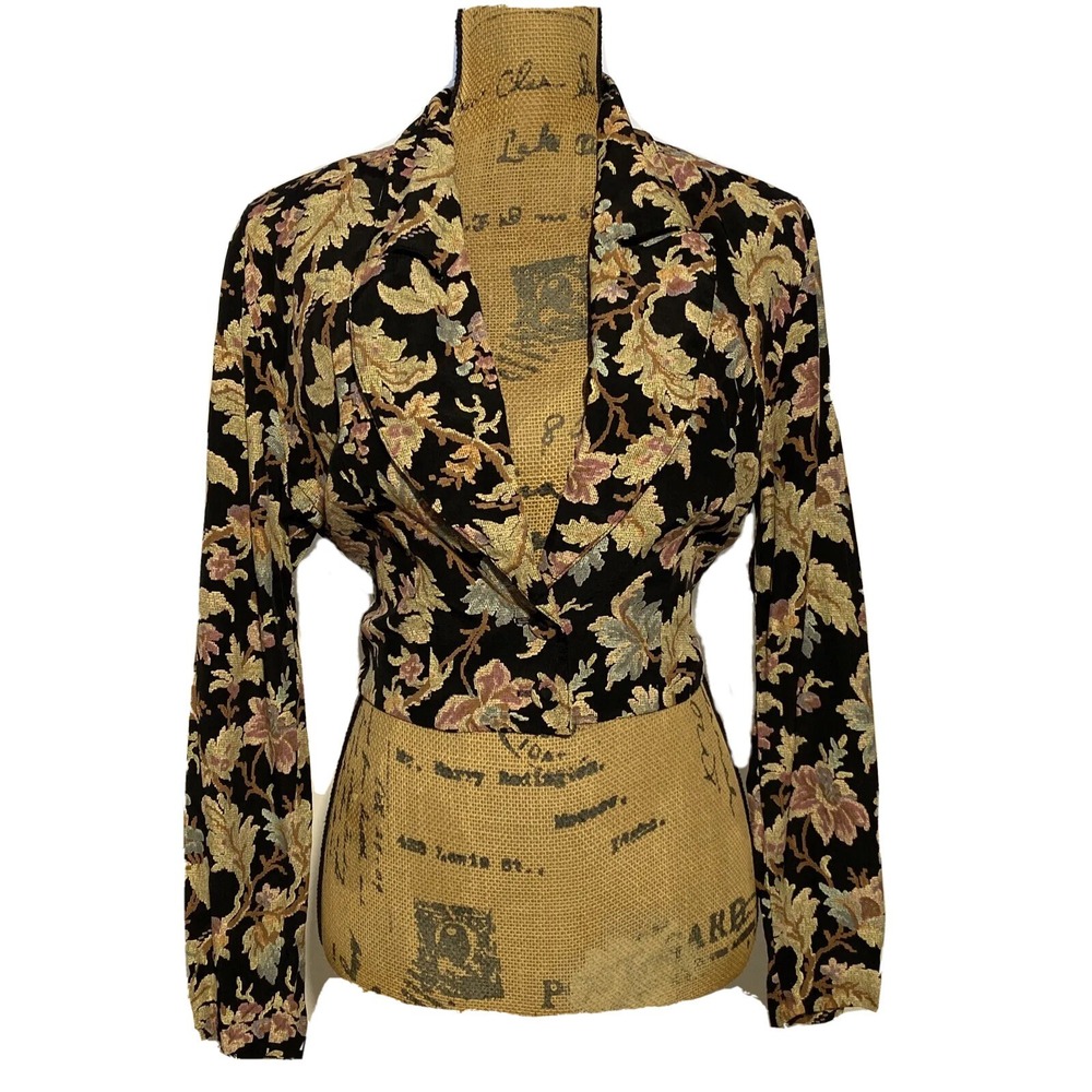 VTG Leger Cropped Jacket Crop Black Fall Leaves Floral Print Long Sl Blazer